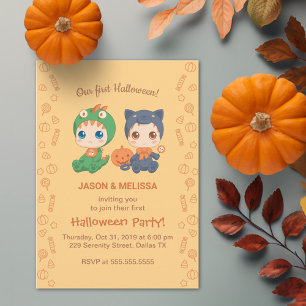 Invitación Primer Fiesta de Dragón Gato Negro de Halloween