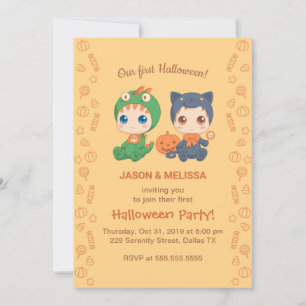 Invitación Primer Fiesta de Dragón Gato Negro de Halloween