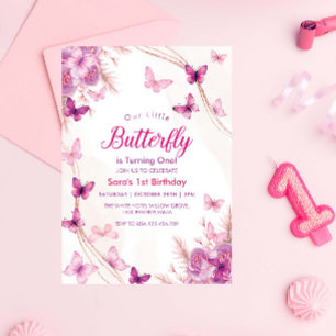 Invitación Primer Fiesta de Nacimiento Morado de Mariposas Fl