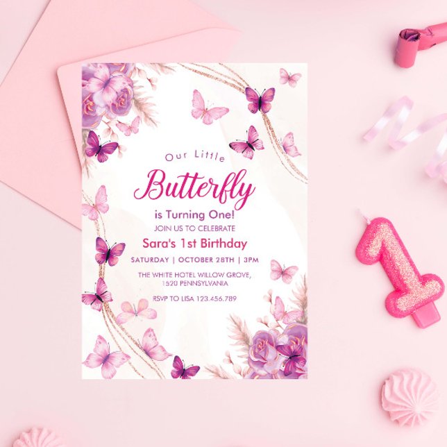 Invitación Primer Fiesta de Nacimiento Morado de Mariposas Fl (Subido por el creador)