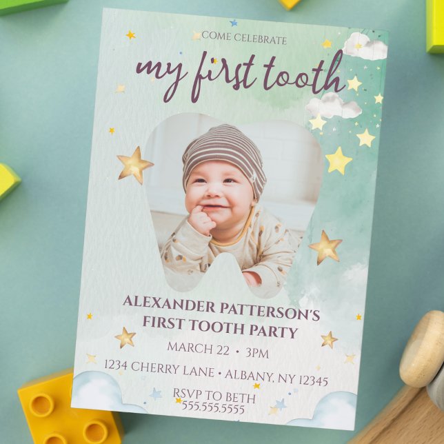 Invitación Primer Fiesta dental Cute de color de agua Estrell (my first tooth party invitation cute green watercolor stars and clouds baby toddler 1st teeth invite)