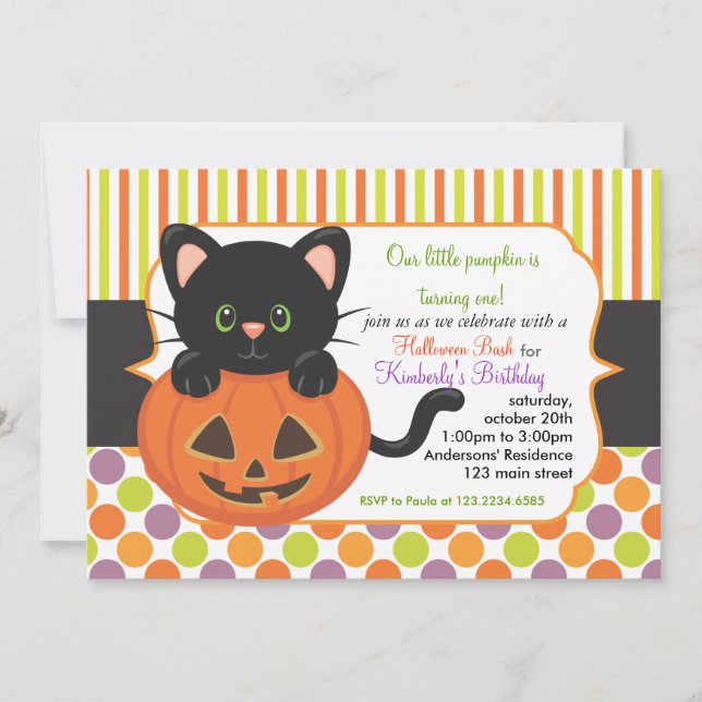 Invitación Primer gato lindo de la calabaza de la fiesta de (Anverso)