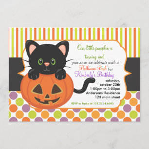 Invitación Primer gato lindo de la calabaza de la fiesta de
