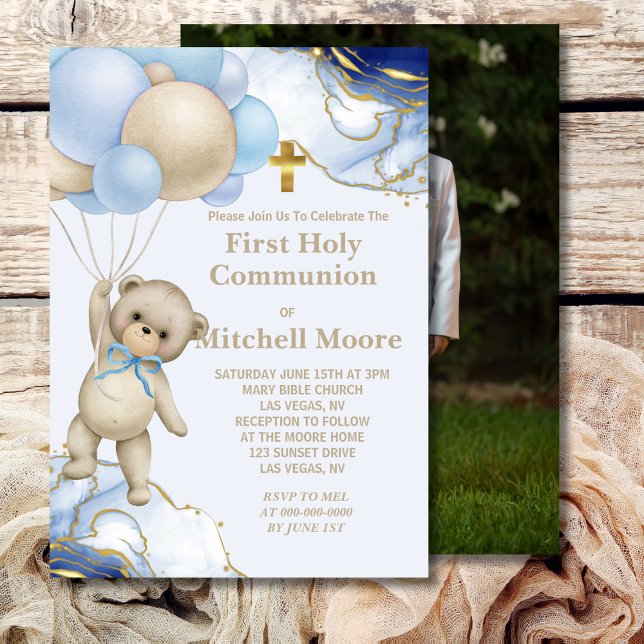 Invitación Primer globo de Oso de Comunión Santo Bear Blue Go (Subido por el creador)