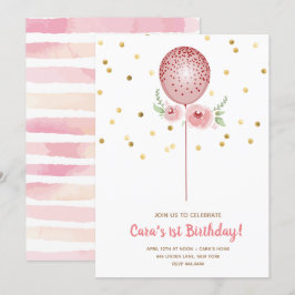 Invitación Primer globo rosa y dorado de cumpleaños