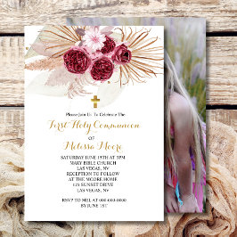 Invitación Primer Grado de Comunión Santa Boho Borgoña Pampas