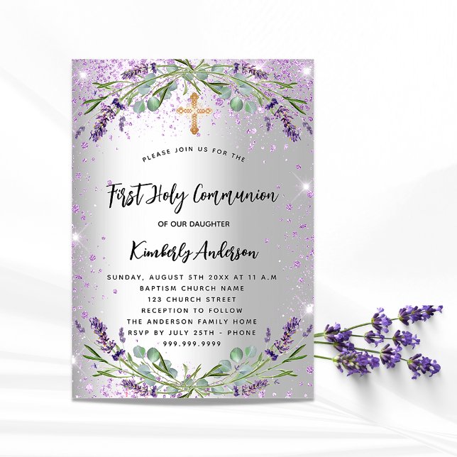 Invitación Primer lujo violáceo de lavanda de la comunión (Subido por el creador)