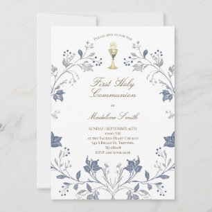 Invitación primer marco azul elegante de la comunión