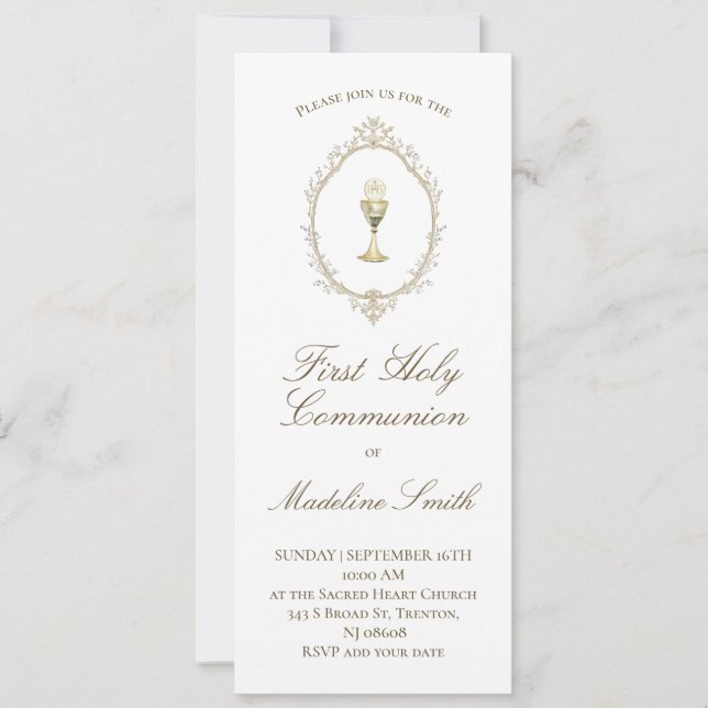 Invitación primer marco beige elegante de la comunión (Anverso)