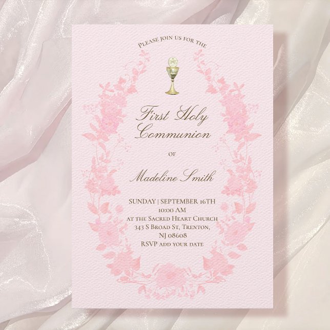 Invitación primer marco floral rosa de la comunión (Subido por el creador)