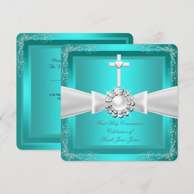 Invitación Primer niño Chica Verde azulado de Plata Blanca (Anverso / Reverso)