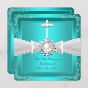 Invitación Primer niño Chica Verde azulado de Plata Blanca