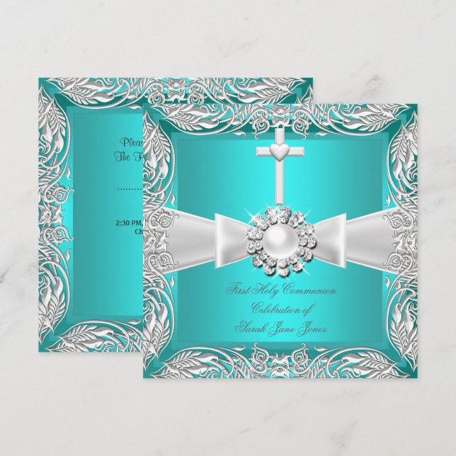Invitación Primer niño Chica Verde azulado de plata blanca de (Anverso / Reverso)