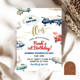 Invitación Primer niño de cumpleaños del avión azul rojo