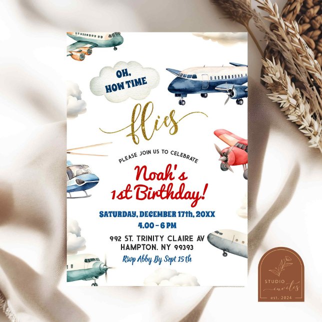 Invitación Primer niño de cumpleaños del avión azul rojo (Subido por el creador)