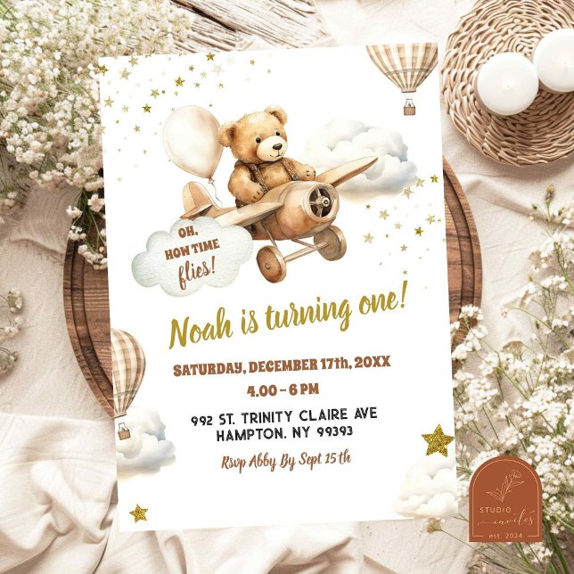 Invitación Primer niño de cumpleaños del avión piloto del oso (Subido por el creador)