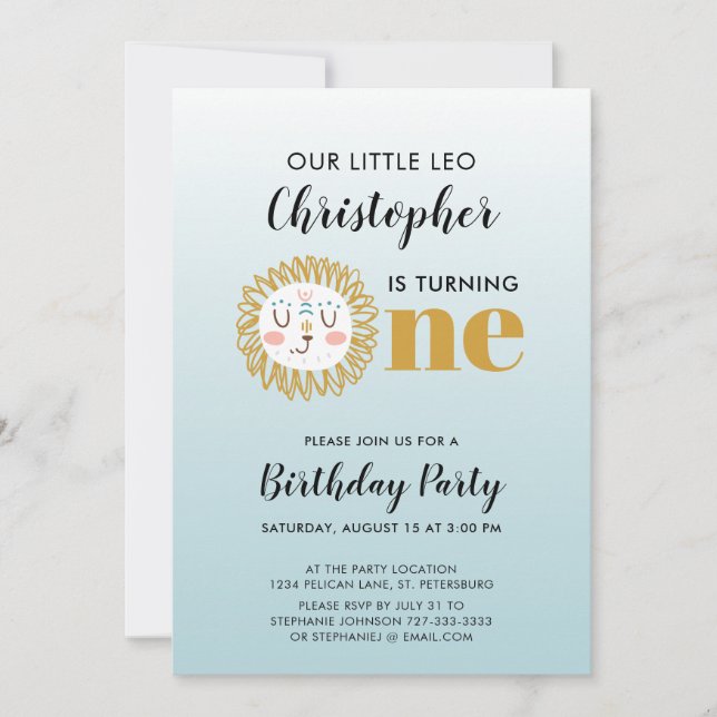 Invitación Primer niño de cumpleaños Leo Sun Rótulo Fiesta de (Anverso)