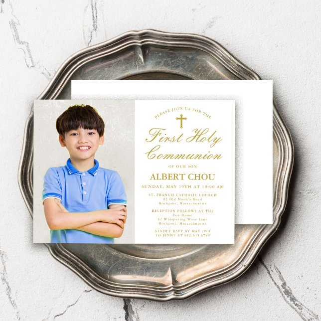 Invitación Primer niño elegante de foto única de la comunión  (Subido por el creador)