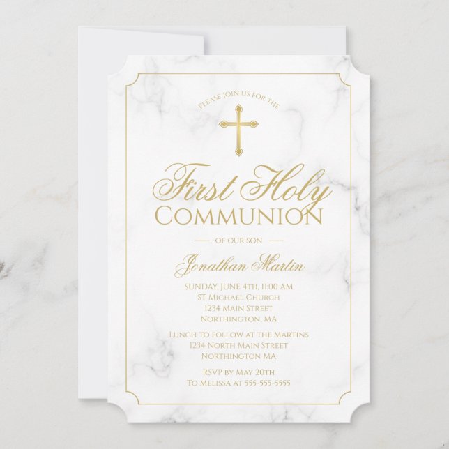 Invitación Primer niño elegante de guion de oro de mármol de  (Anverso)