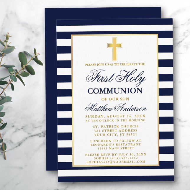 Invitación Primer oro de la comunión azul a rayas (Customize to change text size, color or text style.)