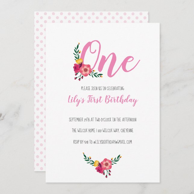 Invitación Primer partido de cumpleaños del Chica Floral Rosa (Anverso / Reverso)