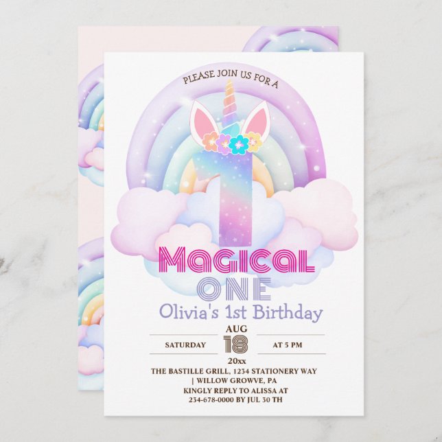 Invitación Primer partido de cumpleaños Unicornio Rainbow 1 (Anverso / Reverso)