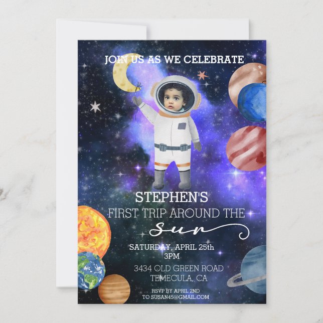 Invitación Primer planeta astronauta del espacio de cumpleaño (Anverso)