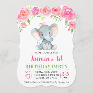 Invitación Primer primer Chica Fiesta de elefante rosa floral