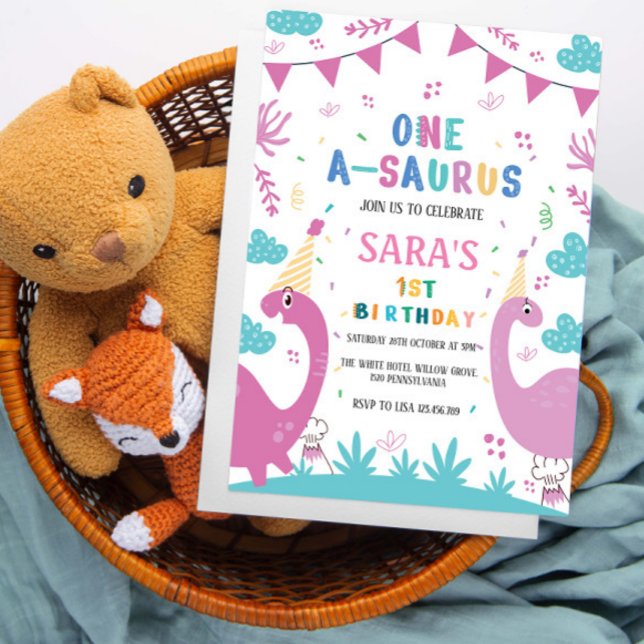 Invitación Primer primer cumpleaños dinosaurio rosa oscuro y  (Subido por el creador)