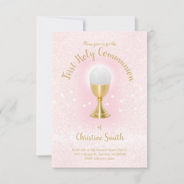 Invitación Primer purpurina de la Comunión chica católica (Anverso)