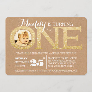 Invitación Primer Purpurina de oro de cumpleaños - Una invita