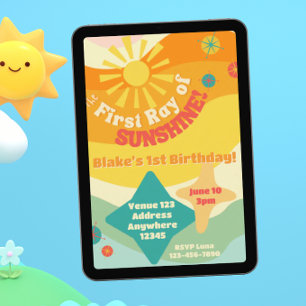 Invitación Primer Rayo de Sol, Colorido Sol 1er Cumpleaños