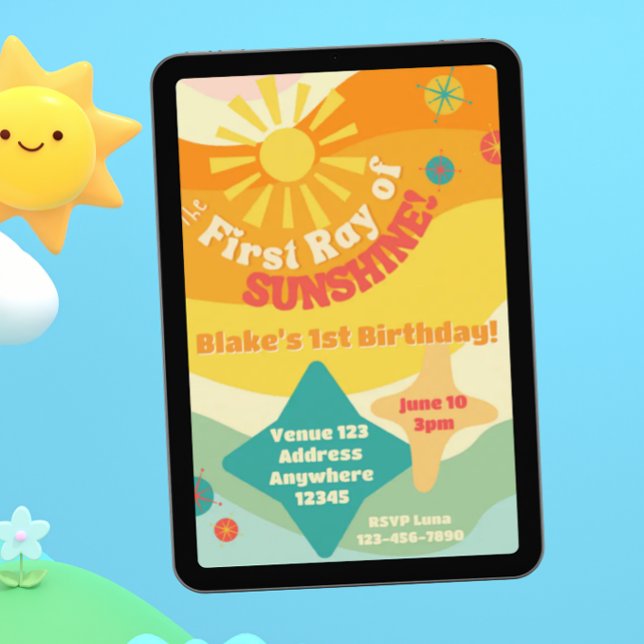 Invitación Primer Rayo de Sol, Colorido Sol 1er Cumpleaños (Subido por el creador)