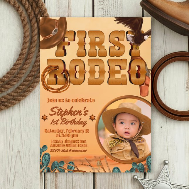 Invitación Primer Rodeo con Foto (First Rodeo -  Boy 1st Birthday Cowboy Invitation with Picture)
