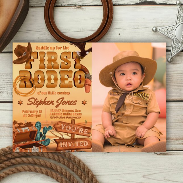 Invitación Primer Rodeo - Cumpleaños de Cowboy con Imagen (First Rodeo -  Boy 1st Birthday Cowboy Landscape Invitation with Picture)