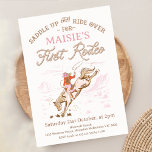 Invitación Primer Rodeo de Caballo Rosado Vintage<br><div class="desc">Chicas del primer rodeo del primer cumpleaños del Viejo Caballo Rosa  del primer rodeo invitación a cumplir 1° cumpleaños con una vaquera y un caballo así como una cuerda como encabezado de texto.</div>