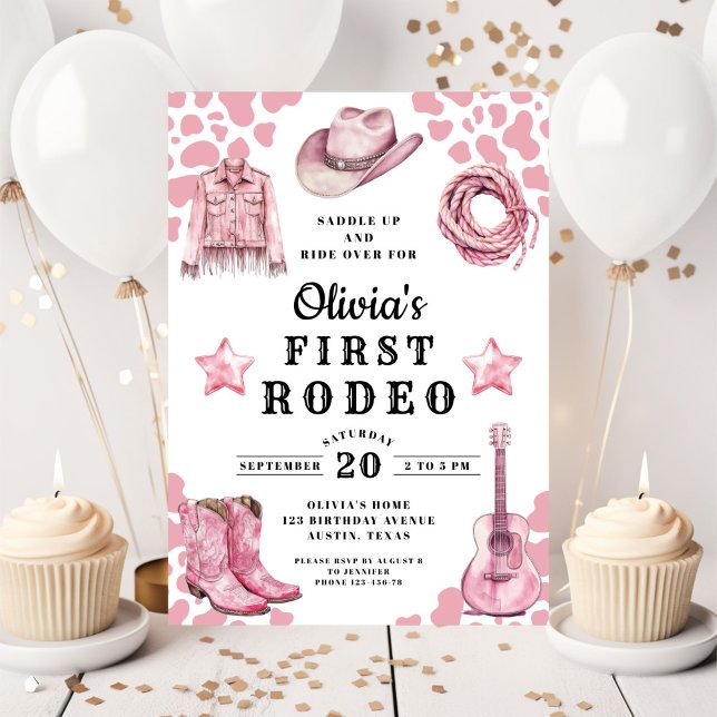 Invitación Primer rodeo de Chica rosado primer cumpleaños (Pink Girl's First Rodeo 1st Birthday Invitation)