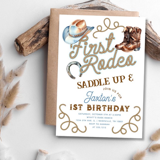 Invitación Primer Rodeo de Vaquero Occidental Cumpleaños núme (Western Cowboy First Rodeo 1st Birthday Invitation)