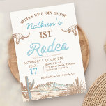 Invitación Primer Rodeo de Vintage Western Cowboy Primer Cump<br><div class="desc">Invitación al primer rodeo del primer cumpleaños del Vintage Western Cowboy Invitation Boy es una invitación al rodeo vintage de primer cumpleaños que incluye dos vacas de orígen largo, una escena del desierto y un texto de estilo de cuerda. La edad es editable, por lo que esta invitación de cumpleaños...</div>
