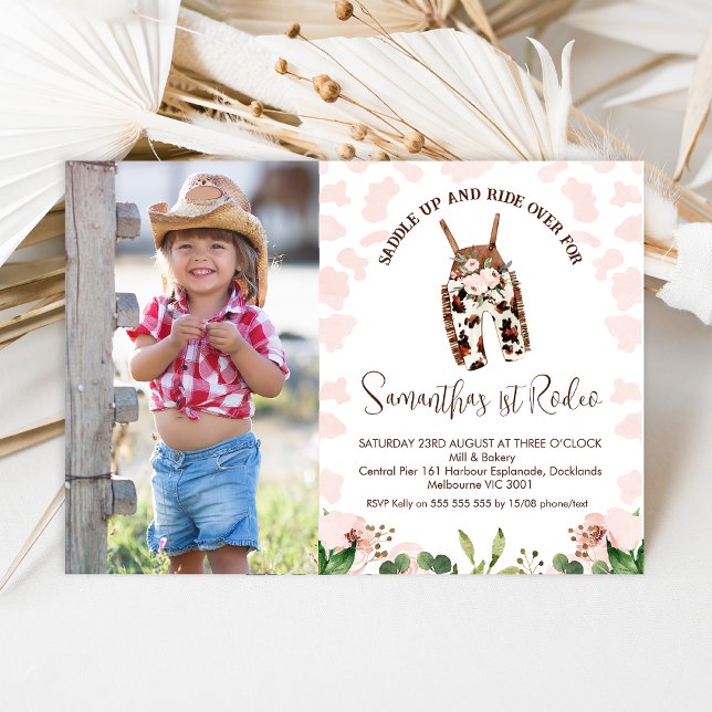 Invitación Primer Rodeo del Oeste Rosa Cute Primer Cumpleaños (First Rodeo 1st Birthday Invitation Baby Girls, Pink Western First Rodeo Birthday Invitation Photo)
