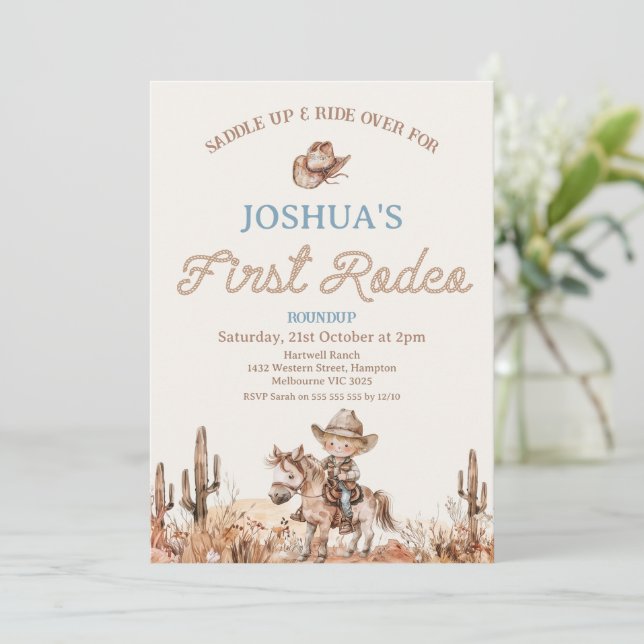 Invitación Primer Rodeo del Primer Bot Azul Marrón (Anverso de pie)