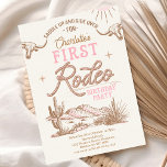 Invitación Primer rodeo del primer cumpleaños del desierto de<br><div class="desc">Primer Rodeo del Desierto de Vintage Rosado Invitación al primer cumpleaños chica rosado y marrón estilo primer rodeo invitación al cumpleaños con un paisaje desértico con cactus, vacas de ramo, sol y una cuerda como encabezado de texto. Esta invitación al primer rodeo del chica es ideal para una fiesta de...</div>