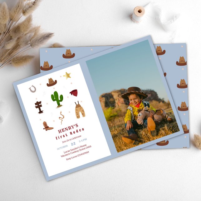 Invitación Primer Rodeo del Vaquero Niño Cumpleaños Azul Foto (Subido por el creador)