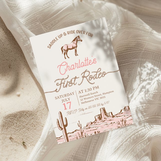 Invitación Primer rodeo del Viejo Caballo Marrón Rosa (First Rodeo Birthday Invitation For Baby Girl, 1st Rodeo Birthday Invitation, Western Wild West)
