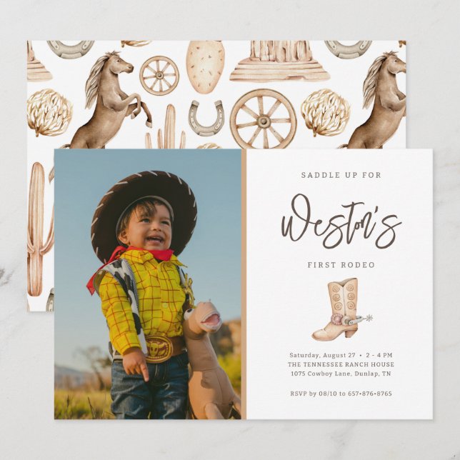 Invitación Primer Rodeo Neutral Invitado de Cumpleaños de Cow (Anverso / Reverso)