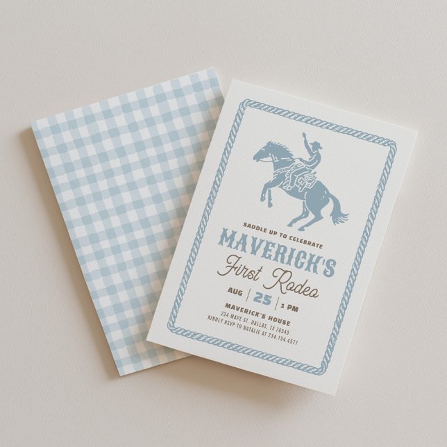 Invitación Primer Rodeo Niño Azul Gingham Cumpleaños 1 (Subido por el creador)