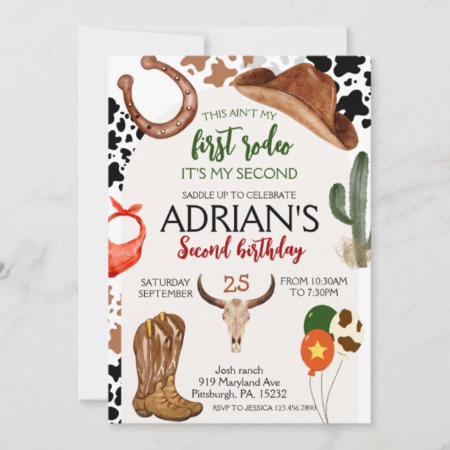 Invitación Primer Rodeo Oeste Cowboy Segundo Cumpleaños (Anverso)