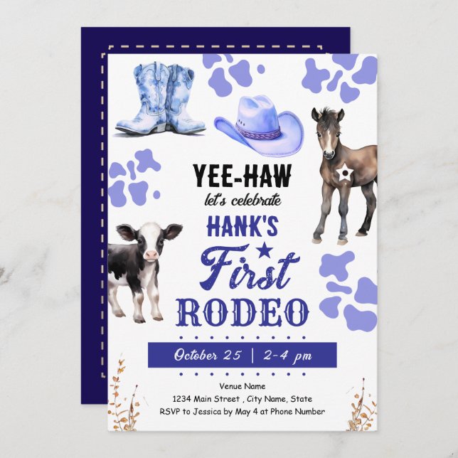 Invitación Primer Rodeo Oeste de Cumpleaños BLUE (Anverso / Reverso)