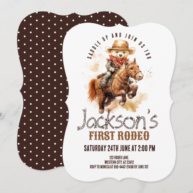 Invitación Primer Rodeo Osito de Peluche Caballo Niño Primer  (Anverso / Reverso)