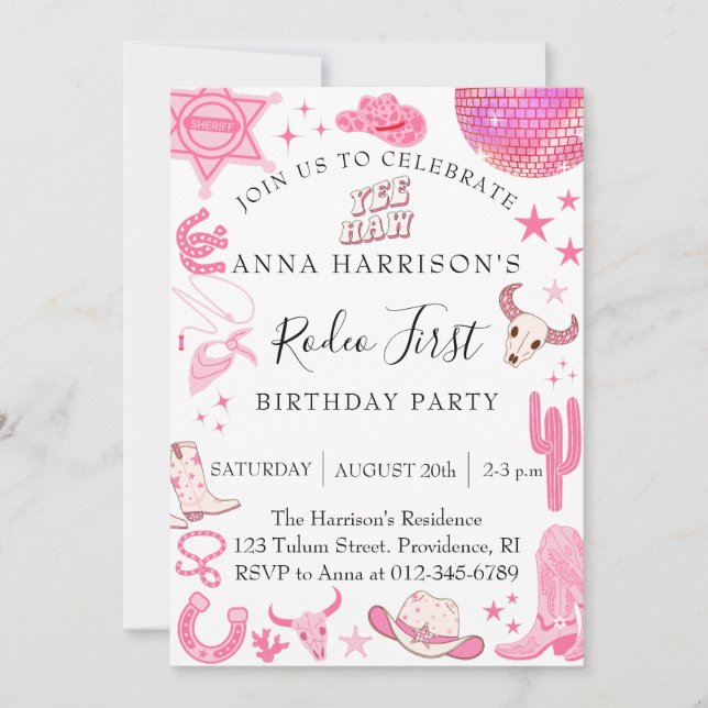 Invitación Primer rodeo rosado, primer cumpleaños (Anverso)